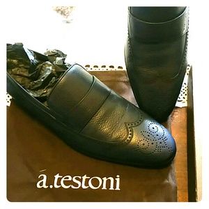 a.Testoni dark blue leather shoes Half off